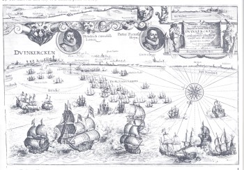 De Vlaamse kust met Duinkerke, gravure door Jacob Dirxz van der Veer uit 1628.